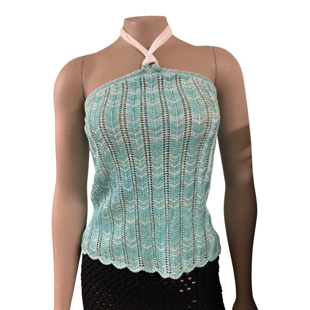 TG-1 St. John Sport By Marie Gray Aqua Chevron Knit Halter Top P Rayon Cotton